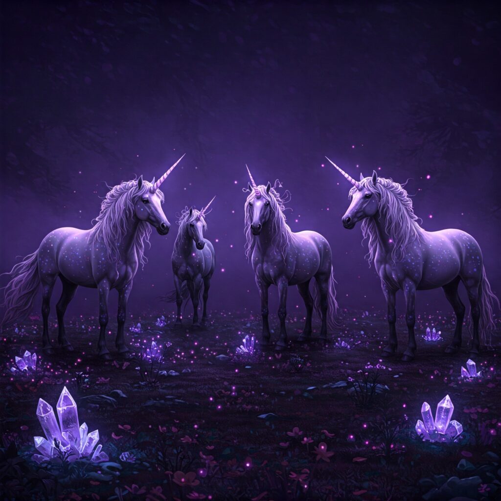Three unicorns are standing in a field with purple lights.